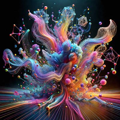 The primary subject of the image is a vibrant, colorful, and abstract artwork. The setting is a dark background, which contrasts with the bright colors of the artwork. The visual style is a combination of digital art and illustration, creating a unique and eye-catching pattern. The colors and mood of the image are lively and energetic, with a strong focus on the artwork's vivid and dynamic nature.